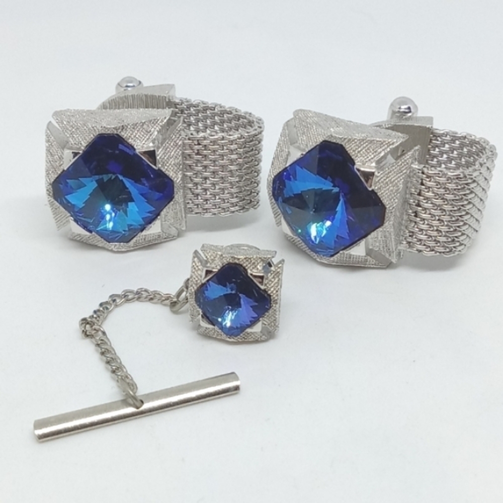 * vintage electric blue glass silver tone cuff links & tie tack pin set
